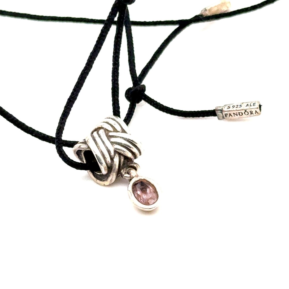 Pandora Sterling Silver Love Knot Pink Stone Charm Black Cord Necklace Bracelet